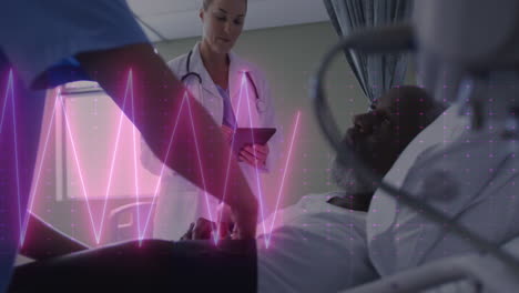 animación de monitor de ritmo cardíaco sobre diversas mujeres que hablan con pacientes masculinos en el hospital