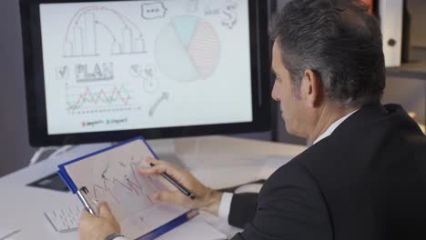 Reifer-Geschäftsmann-Analysiert-Diagramme-In-Seinem-Büro.-Periodengewinn--Oder--verlustdiagramme,-Statistiken.