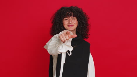smiling happy woman pointing forward to camera choosing lucky victory winner indicating promotion