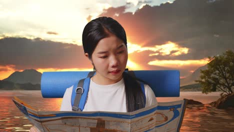 woman looking at map at sunset
