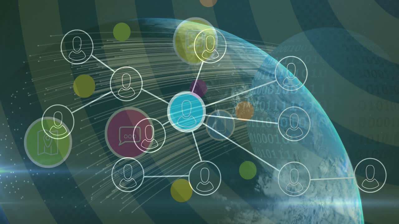 animación de la red con iconos sobre el globo y fondo a rayas