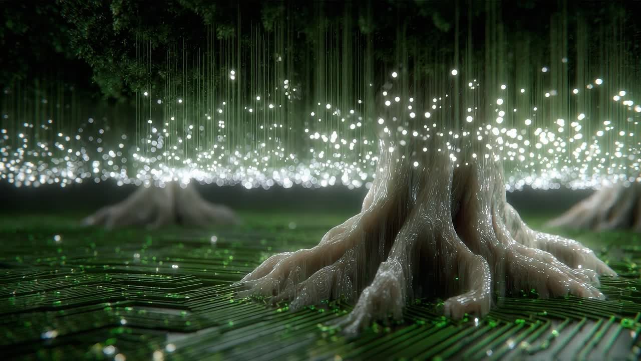 A Harmonious Fusion of Nature and Technology: An Intricate Tree Forming an Enchanting Scene with Glowing Lights against a High-Tech Circuit Environment