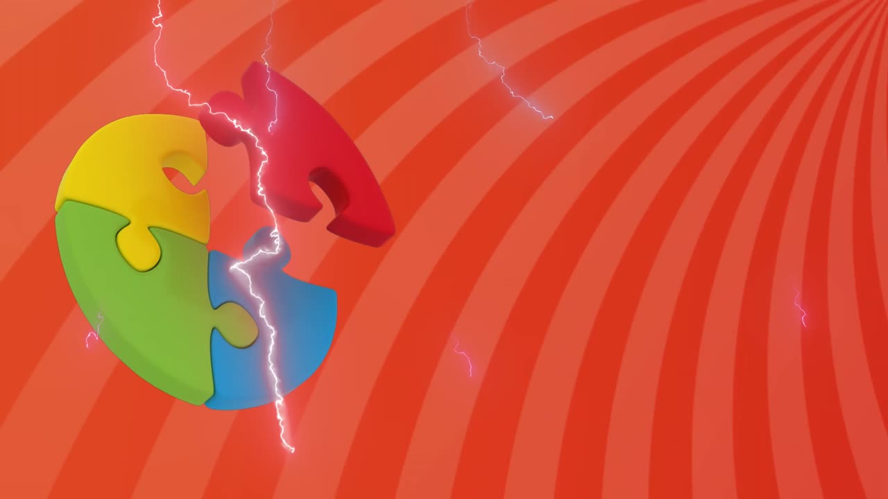 빨간색 줄무 바탕에 다채로운 퍼즐 조각의 애니메이션