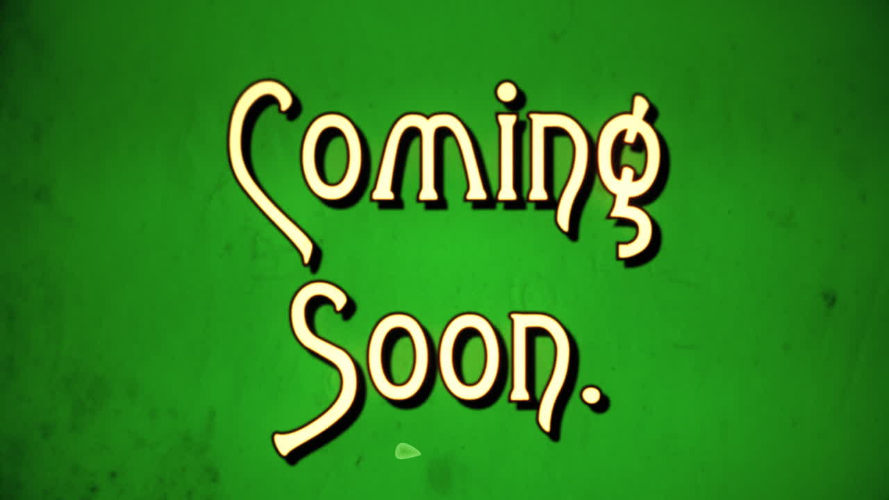 A text message, fancy retro font, 1970s damaged film style, appearing with a letter enlargement animation: Coming Soon