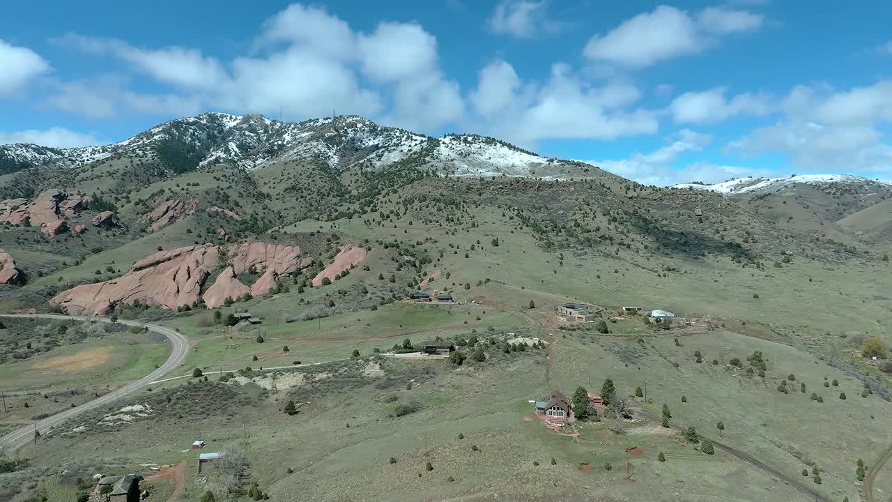 Aerial View of Colorado Landscape with Mountains, Red Rocks, and Highway