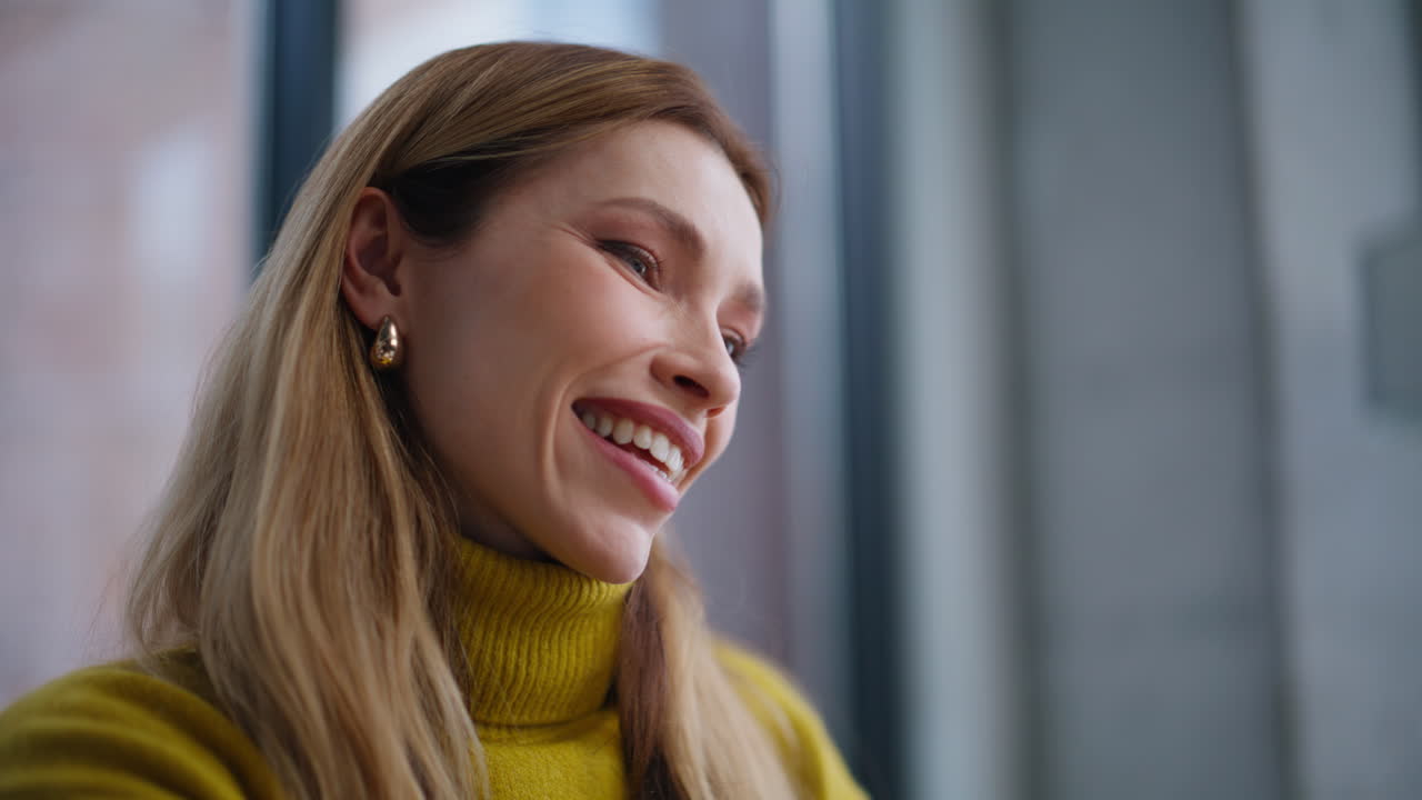 Woman hands using touchpad laptop surfing internet at workplace closeup smiling