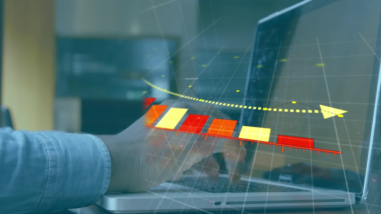 Statistical and financial data processing against mid section of person using laptop