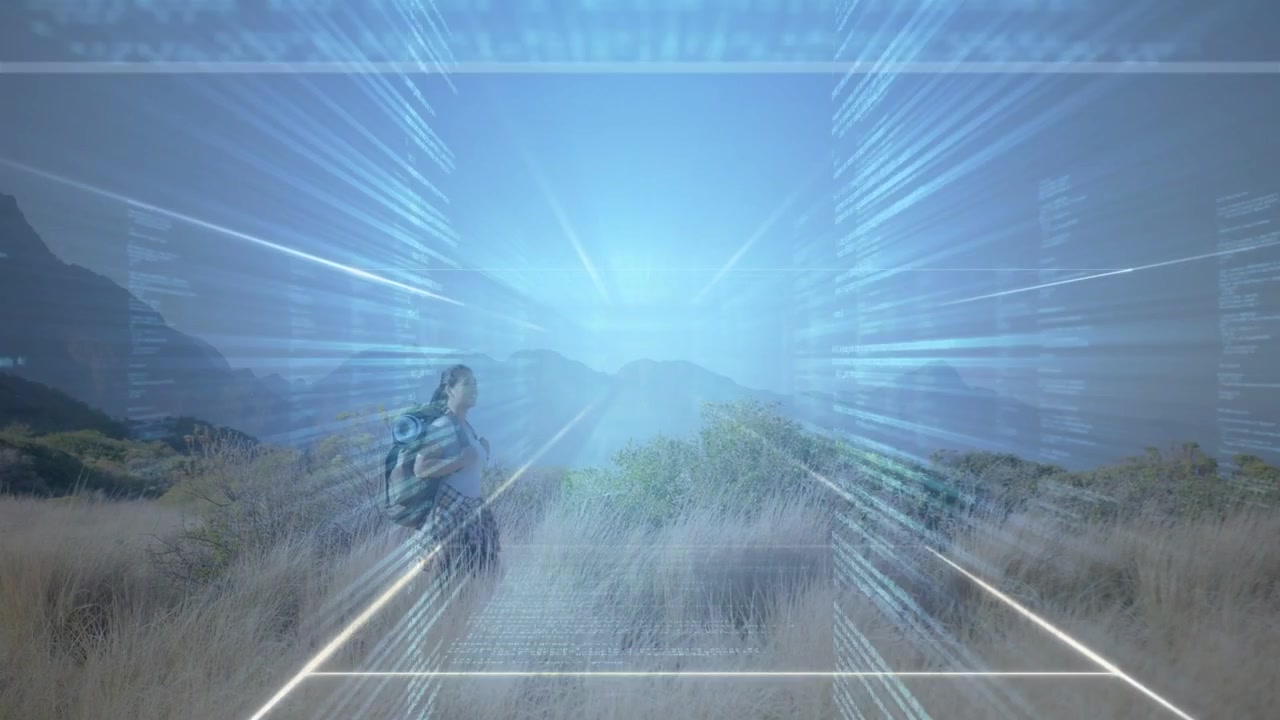Caminhante entrando no quadro, ativando uma sobreposição de tecnologia AR com feixes e dados, escaneando o horizonte em busca de uma rota.