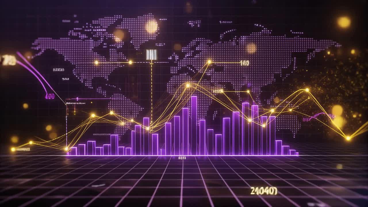 Animerad digital datavisualisering med världskarta och grafer