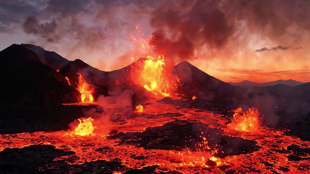 Ein feuriger Ausbruch der Natur: Atemberaubender Lavastrom und vulkanische Aktivität in der Dämmerung, die die Kraft und Schönheit vulkanischer Landschaften zeigen.