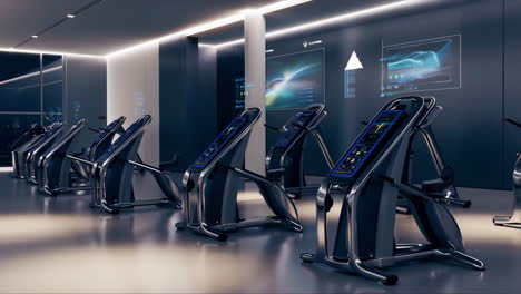 high-tech exercise bikes in a modern futuristic gym