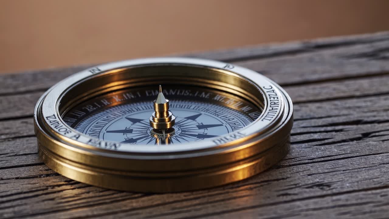 Close-up video of a vintage compass on a wooden surface, captured at a low angle