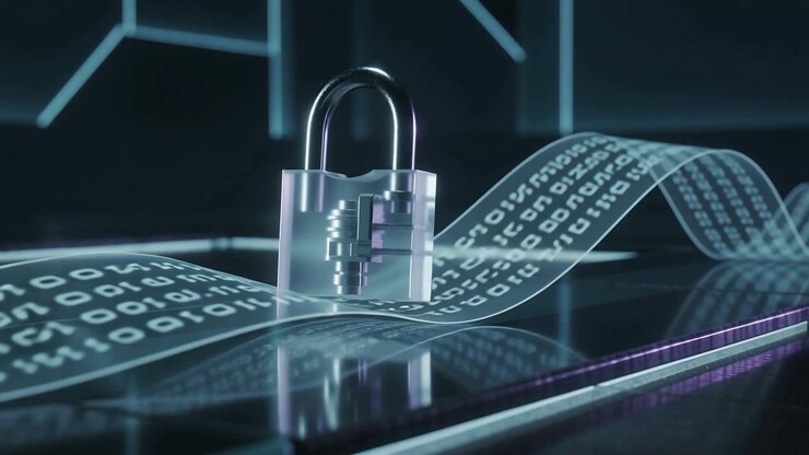 Flowing binary ribbon entering left circling padlock on glass, showing data past security in studio