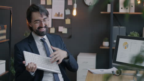 businessman excited about new keyboard