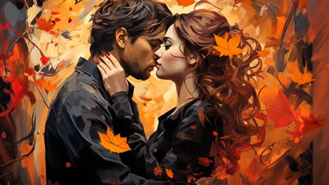 couple embraces in a woodland setting during autumn foliage season