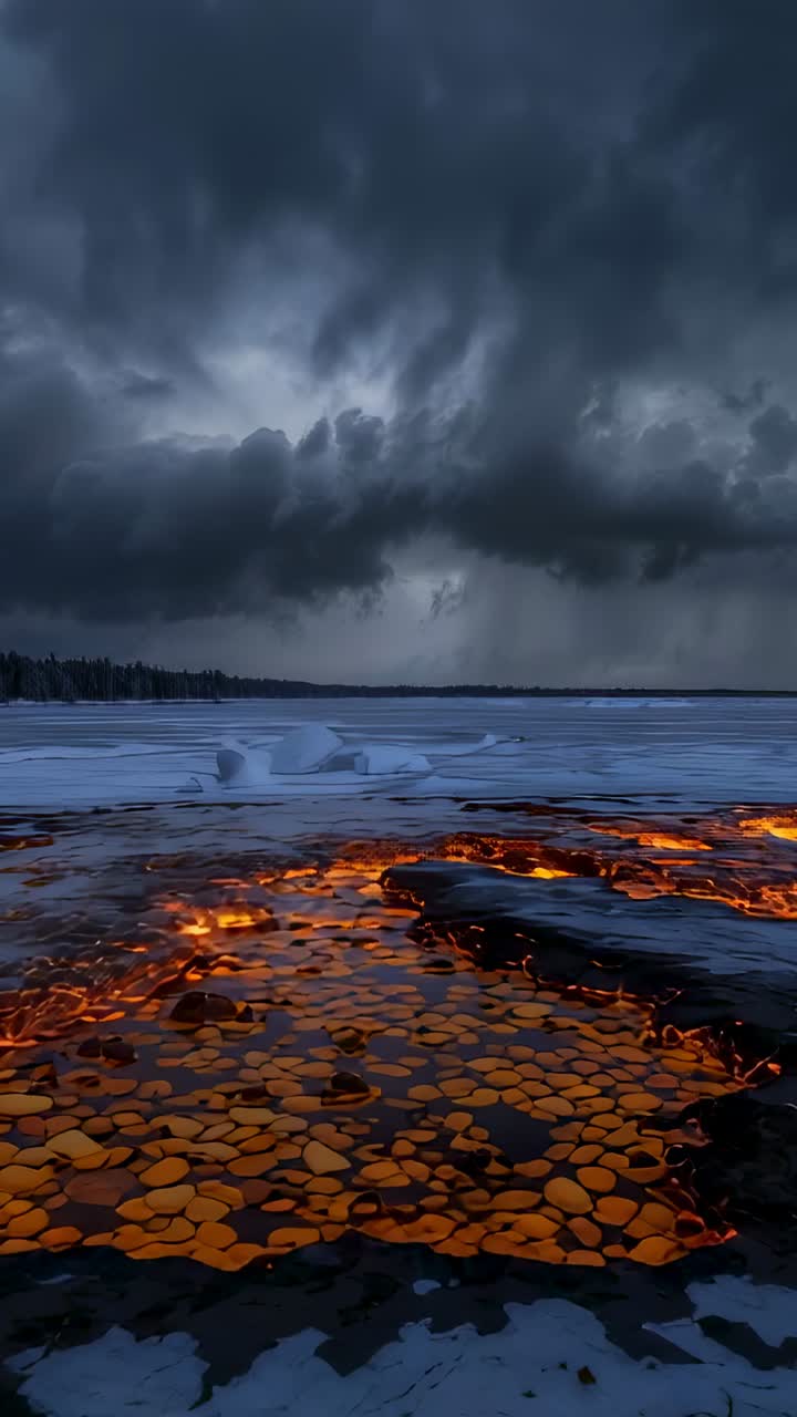 Vertical video: Tilting shot showing glowing pancake ice pulsing under storm clouds at lakeshore