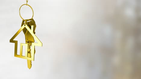 animation of gold key with house keychain on grey background