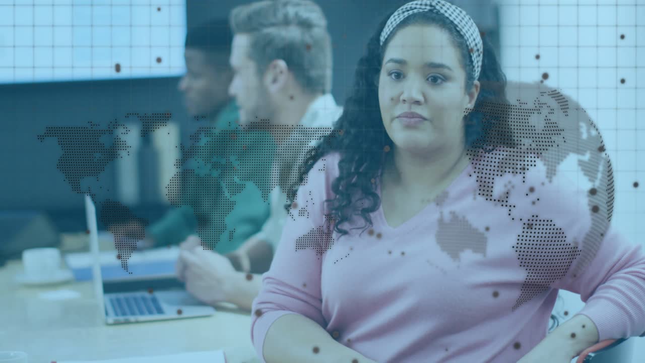 Woman in pink sweater after cue gesturing, leaning forward in business meeting, dotted map aligning