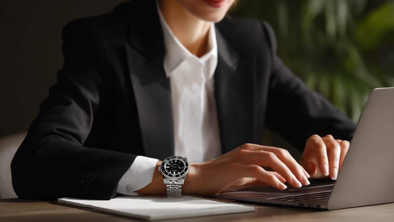 A Professional Woman Engaged in Work at a Laptop, Showcasing Elegant Fashion and Stylish Wristwatch in a Contemporary Office Environment