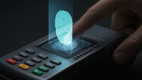 secure payment technology: a hand interacting with a fingerprint scanner on a payment device, highlighting the importance of biometric authentication in modern transactions