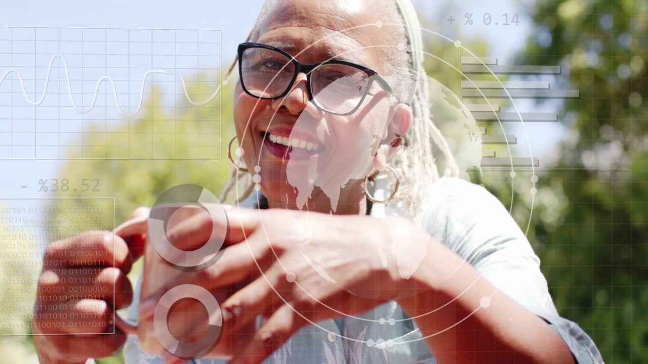 Senior woman holding mug, smiling outdoors; animated HUD graphs appearing, causing laughter, tech