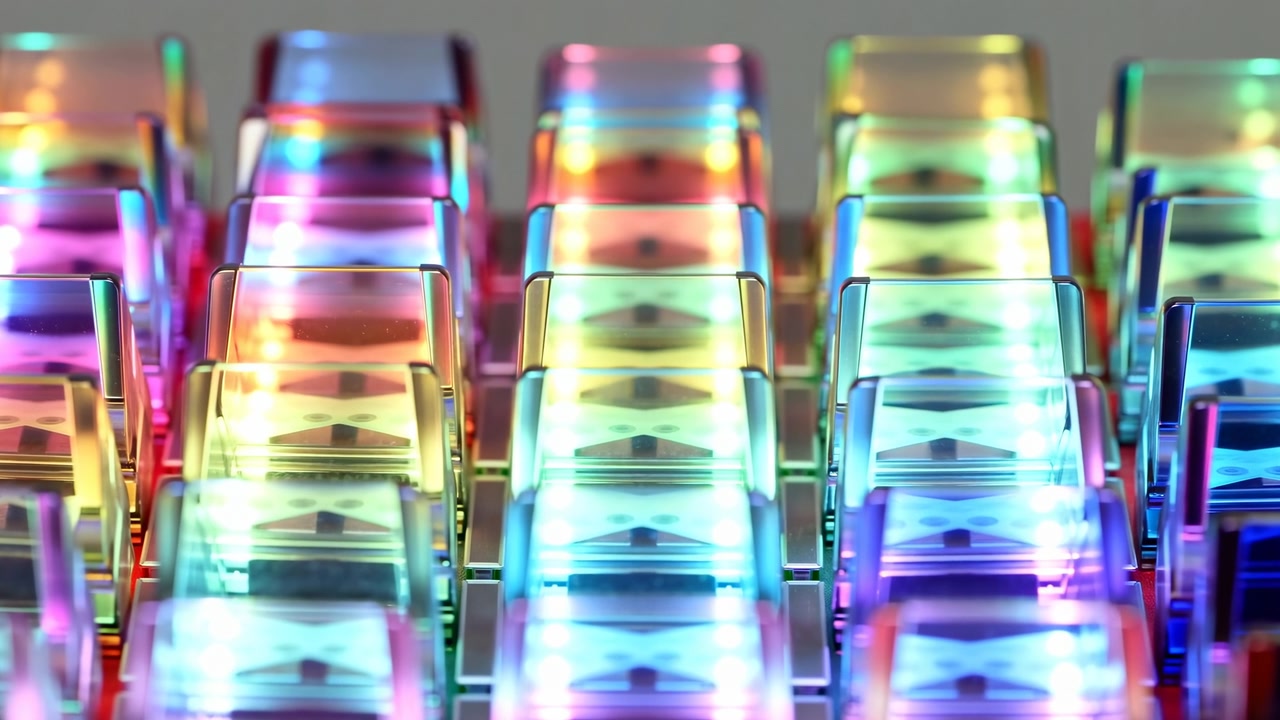 Low frontal view of transparent glasslike blocks aligned on flat surface, showing colorful reflections, crisp symmetry, polished surfaces, soft depth, bright studio lighting, abstract decorative