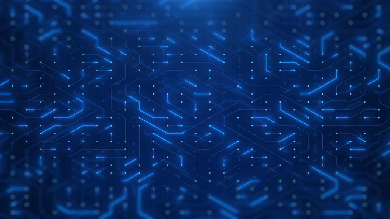 Circuit Board with moving electrons. Abstract electronic blue circuit board background. Artificial intelligence
