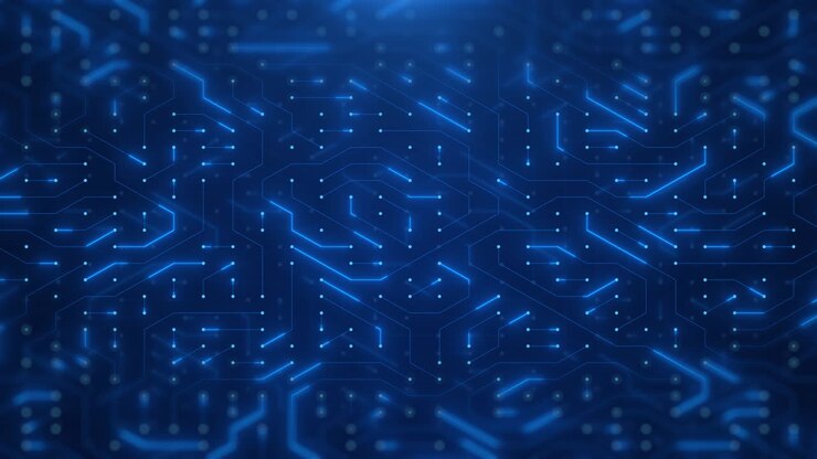Circuito stampato con elettroni in movimento. Sfondo astratto blu di circuito elettronico. Intelligenza Artificiale