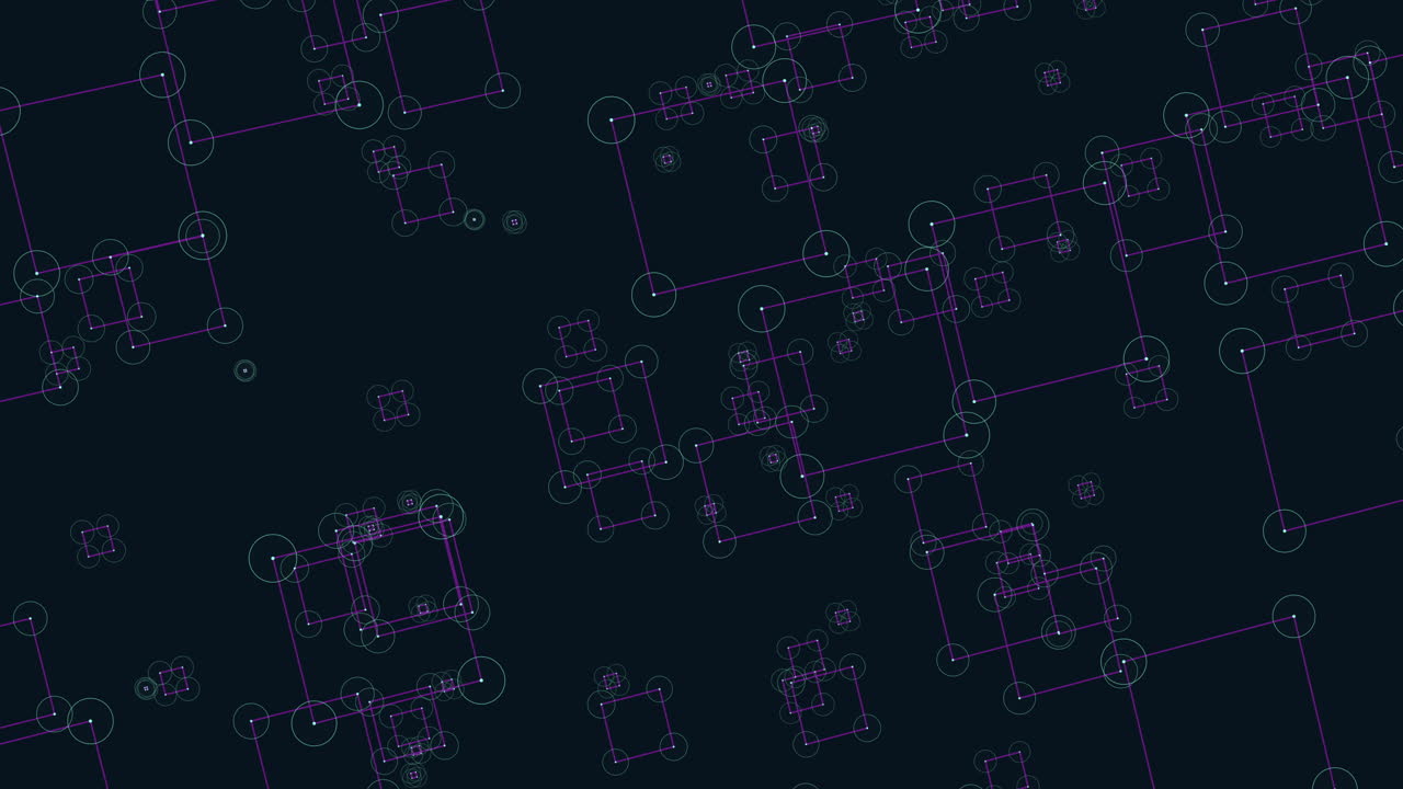 Symmetrical grid of overlapping squares and circles in purple and green
