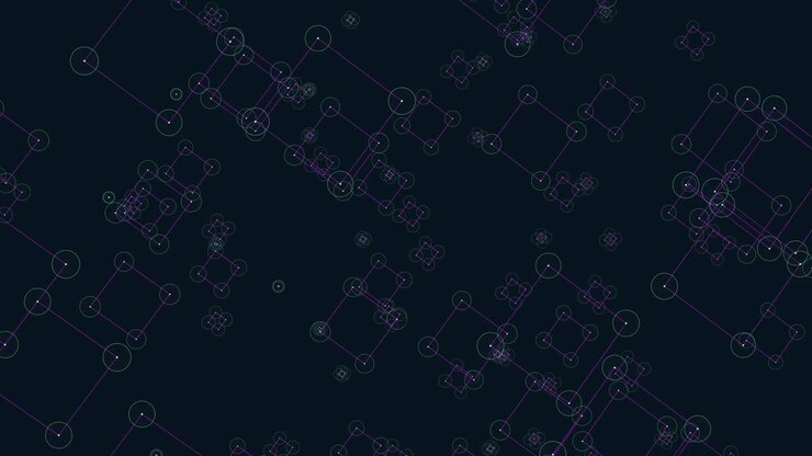 Symmetrical grid of overlapping squares and circles in purple and green