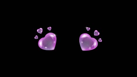 animation purple hearts shape floating on black background.