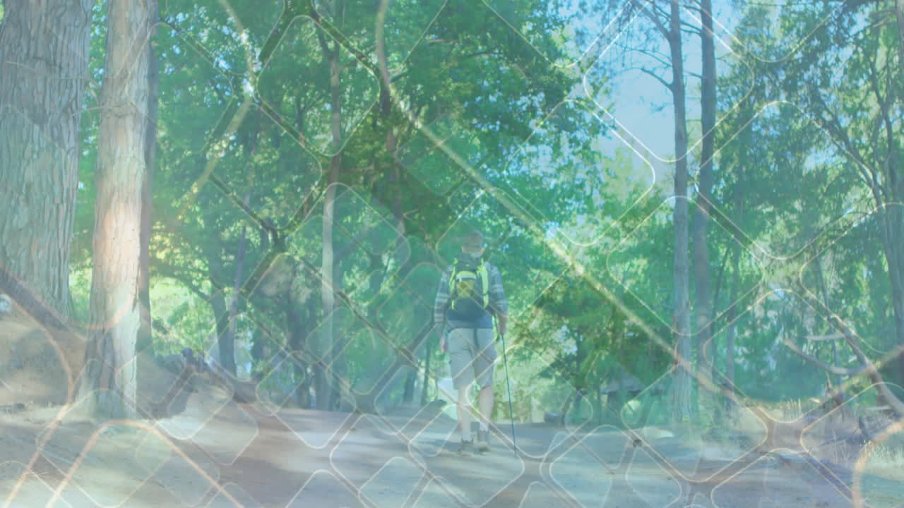 hiker walking forest trail, with floating map markers and travel marketing graphics