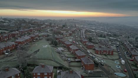 aerial footage, depicting harsh winter cold spell with mist and freezing temperatures