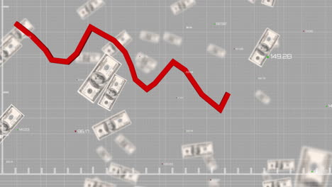 animation of financial data processing with red line over american dollar bills