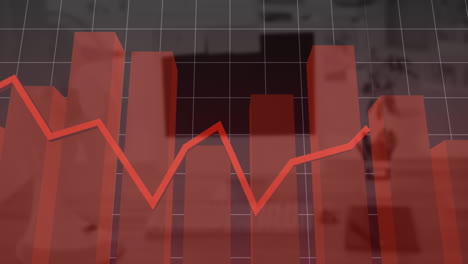 gráfico rojo moviéndose sobre el procesamiento de datos estadísticos y la red de cuadrícula contra la oficina vacía