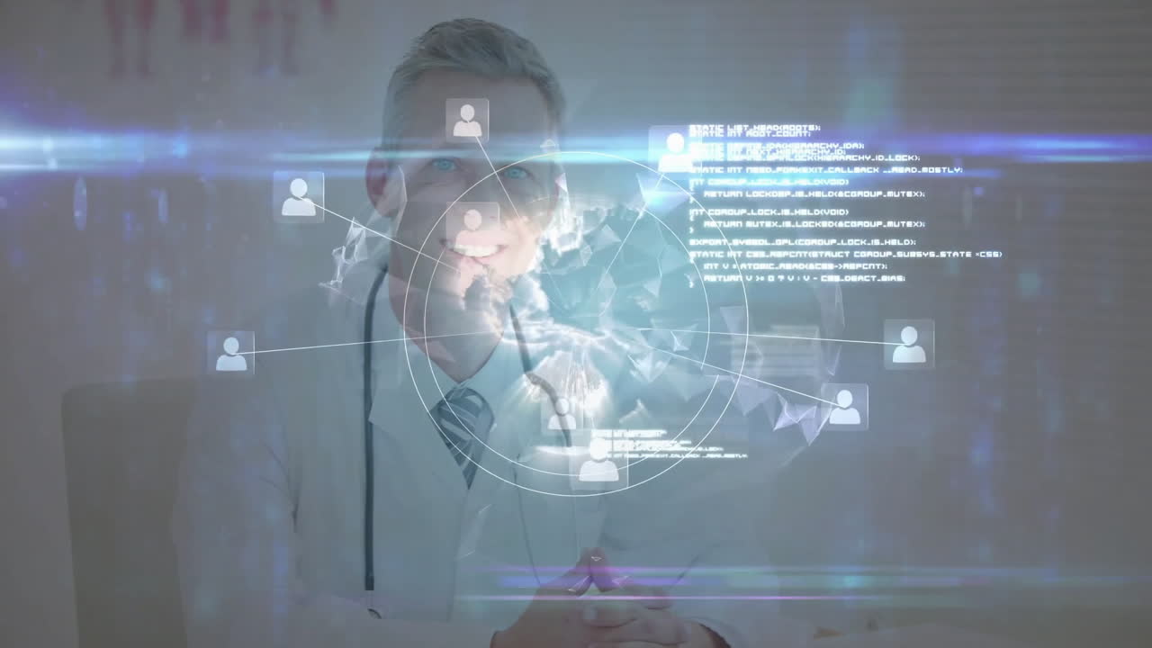 Male doctor studying holographic globe with stethoscope in clinic featuring floating icons and code