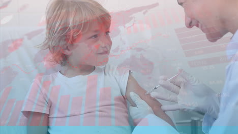 animation of digital interface and covid 19 cells with doctor giving vaccination to boy
