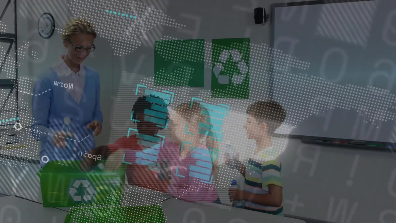 Instructor picking bottle guiding kids into sorting bottles into green recycling bin in classroom