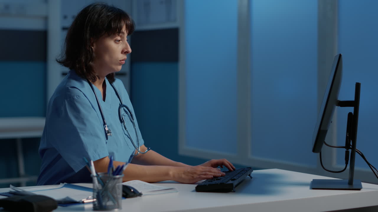 Tired and Stressed Nurse Working Overtime at Night