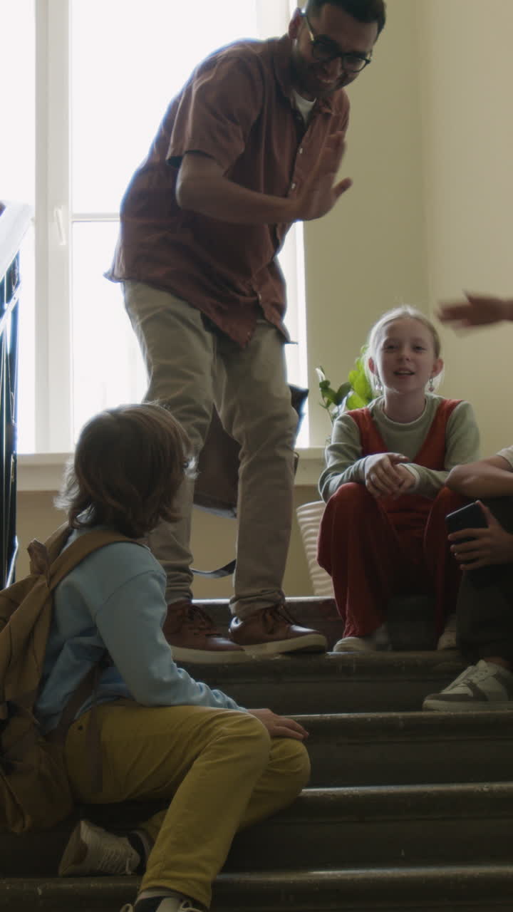 Students Socializing and Interacting on School Stairs