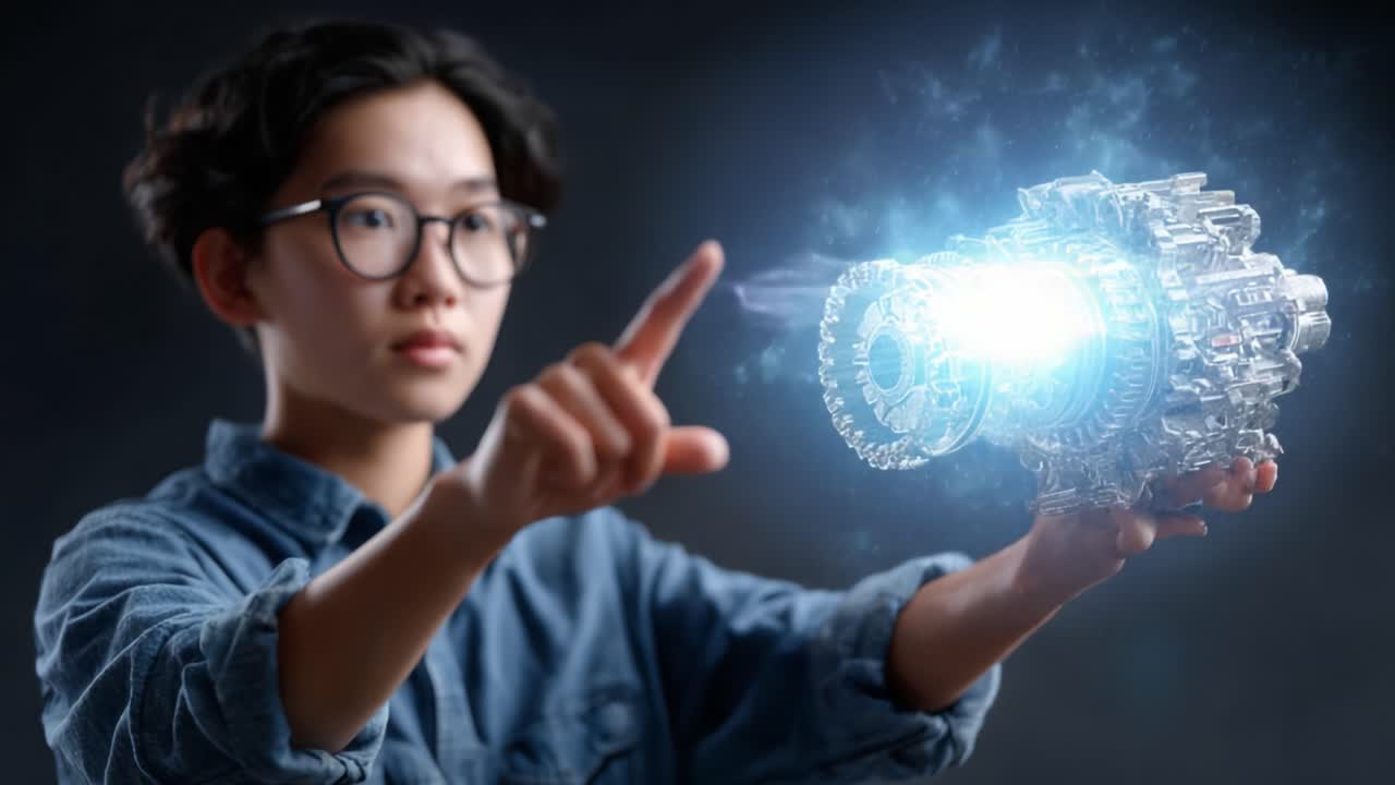 Young Innovator Demonstrating Advanced Holographic Technology with a Glowing Engine Model, Capturing the Essence of Imagination and Future Engineering Concepts