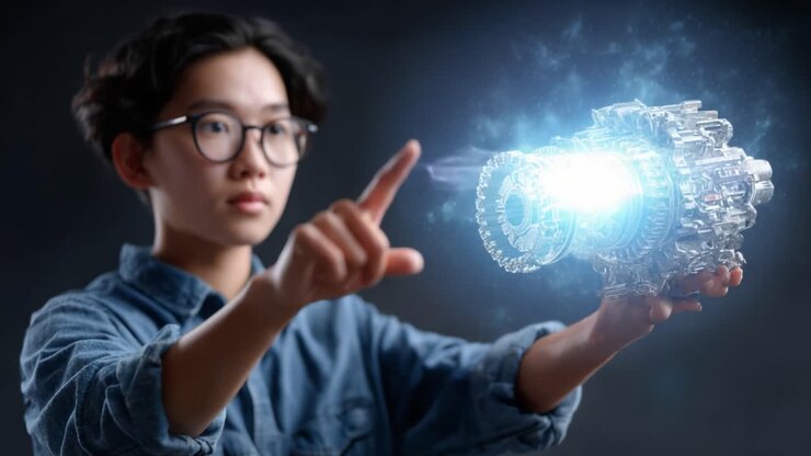 Ung innovatør demonstrerer avanceret holografisk teknologi med en glødende motormodel, der indfanger essensen af fantasi og fremtidige ingeniørkoncepter