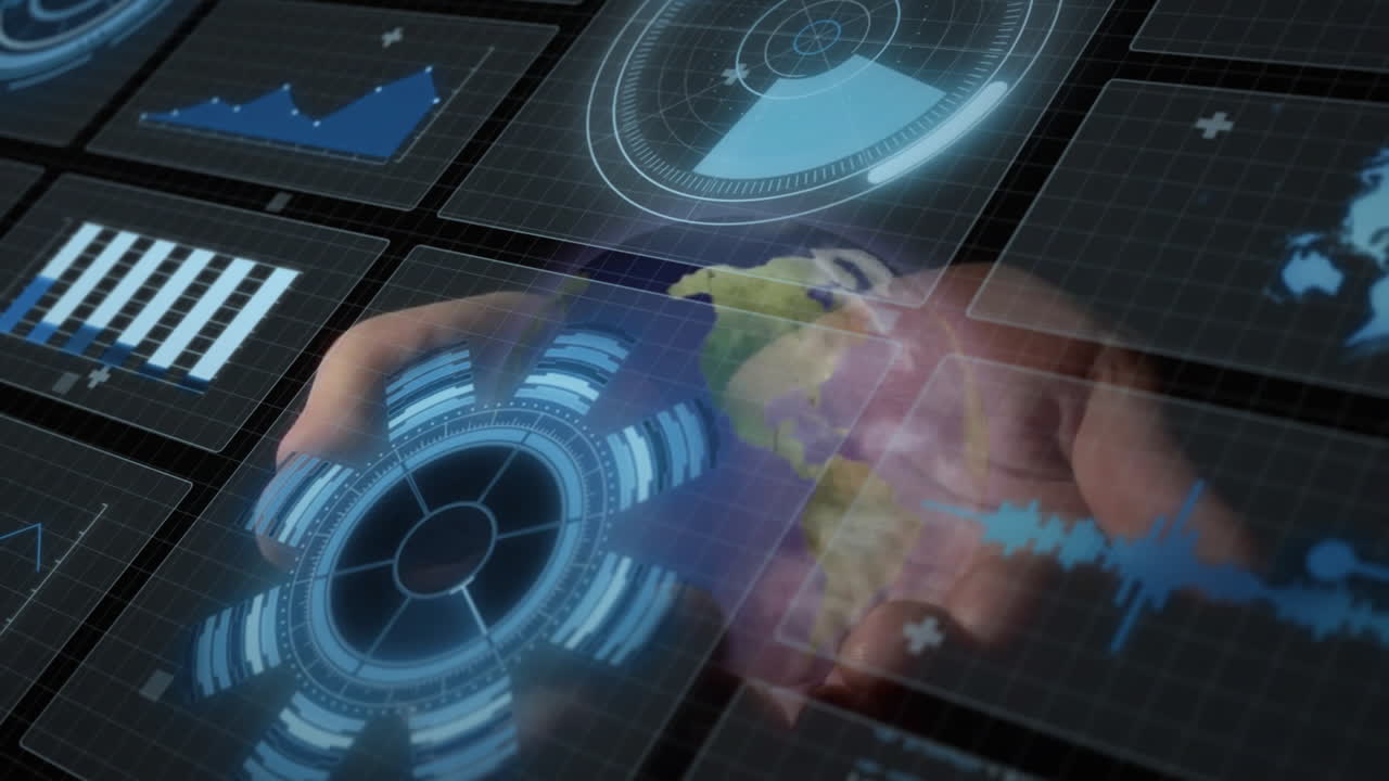 Interacting with animation, hands using futuristic digital interface for global data