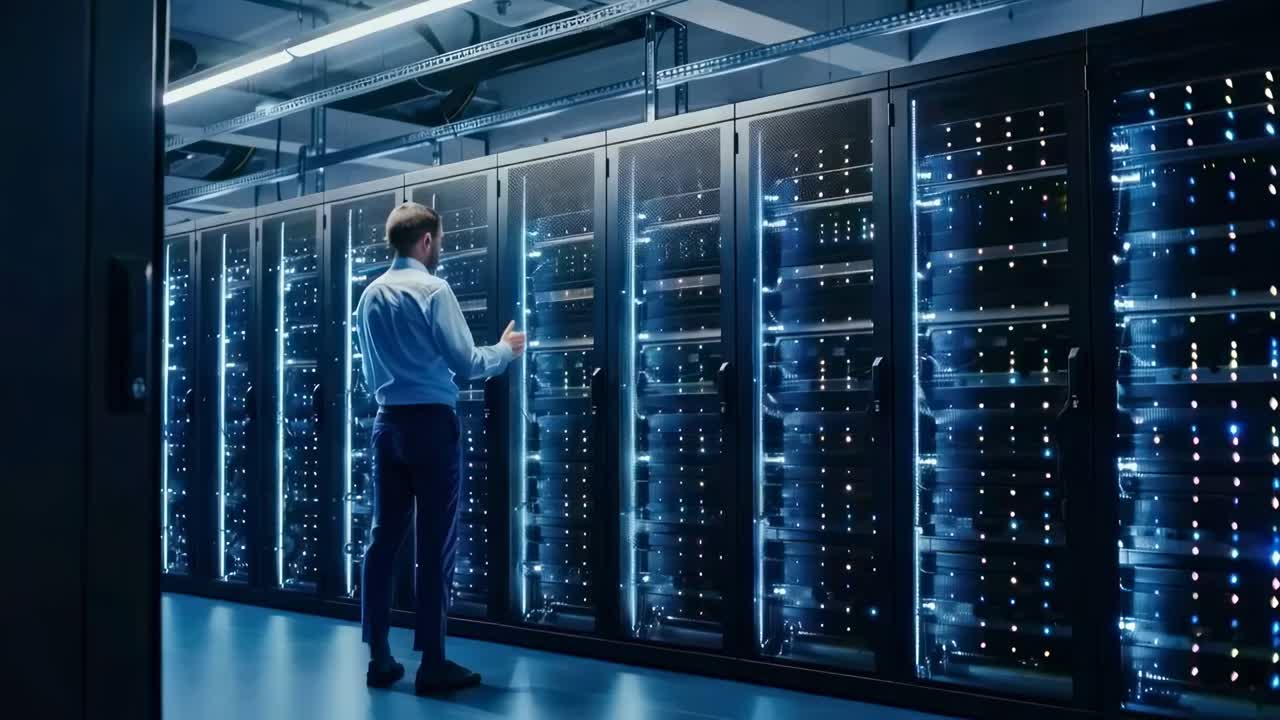 A video showcasing a man in a data center, standing amidst glowing server racks