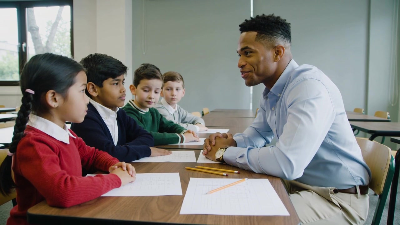 Leaning blue-shirted teacher smiling, guiding four children at classroom table with pencils, paper