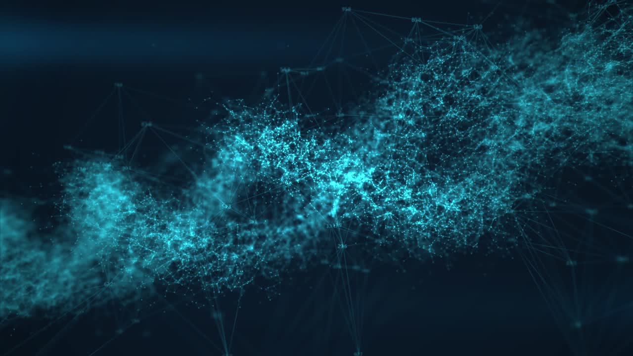 4K Animation of abstract luminous DNA double helix with depth of field. Building DNA from points. Spiral rotation with data around. Scientific biotechnological animation. Genom futuristic footage.