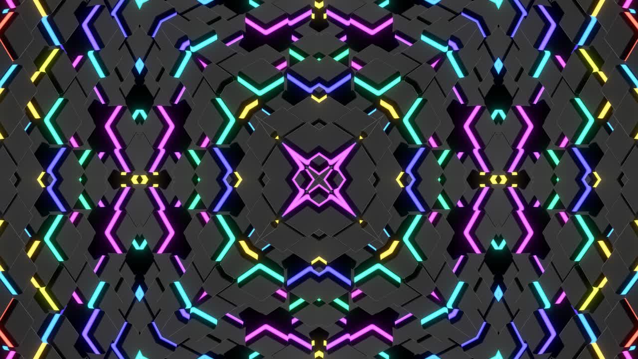 4k abstract looped background with symmetrical square structures of many elements, lighting bulbs, multicolor neon lights. Vj loop for music, festive show or holiday events, festivals or concerts.