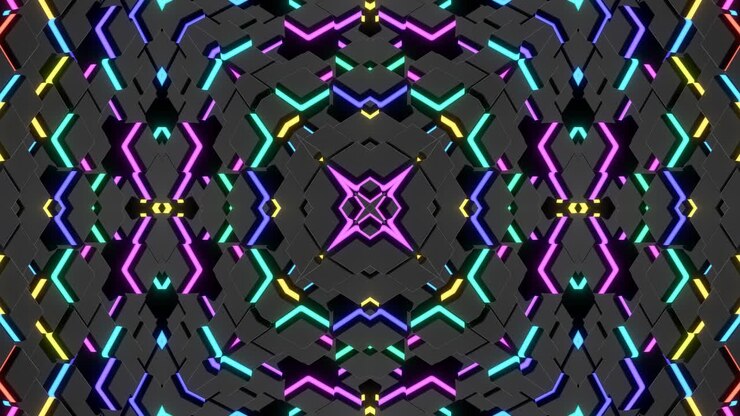 4k abstract looped background with symmetrical square structures of many elements, lighting bulbs, multicolor neon lights. Vj loop for music, festive show or holiday events, festivals or concerts.