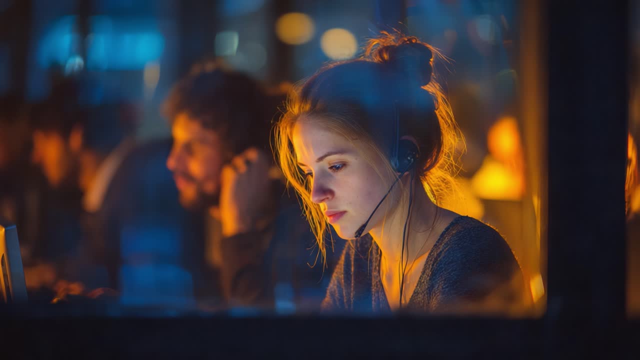 A Focused Customer Support Agent at Work, Surrounded by Colleagues in a Vibrant Office Environment, Engaging with Clients Through Headset Communication