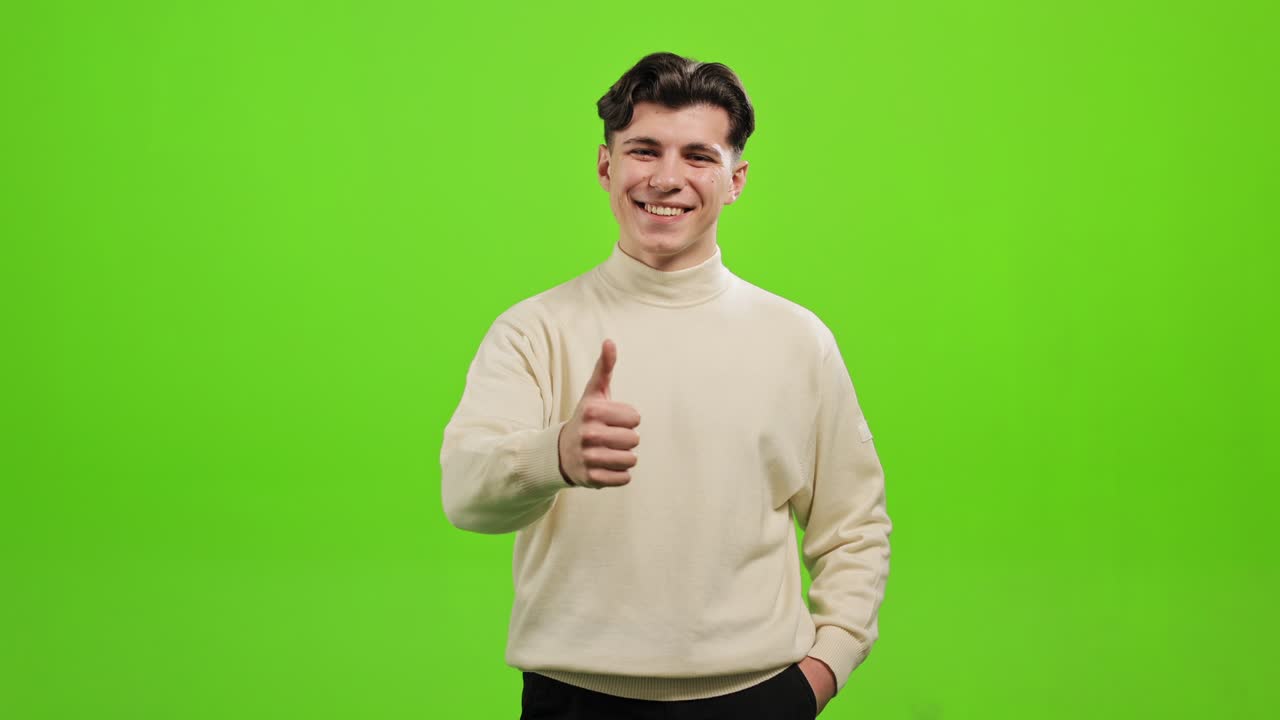 el hombre está de pie y mirando a la cámara. está señalando con el dedo hacia arriba. está de pie sobre un fondo verde. pantalla verde. 4k.